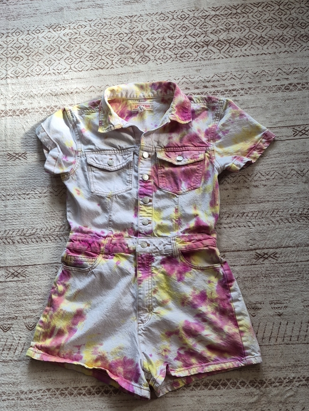 Tie-Dye Short Sleeve Denim Romper - Pink & Yellow